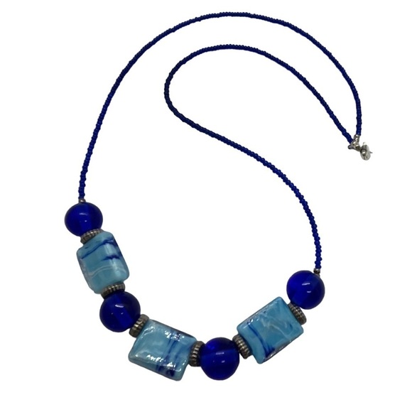 GLASS Bead Necklace Blue Swirled Marbled Beaded - Picture 2 of 4